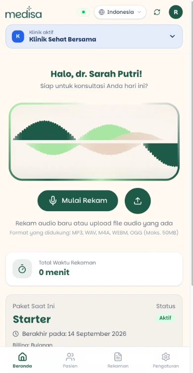 Medisa di layar ponsel: banner klinik aktif, tombol Mulai Rekam, kartu total waktu rekaman, dan bilah navigasi bawah berisi Beranda, Pasien, Rekaman, dan Pengaturan