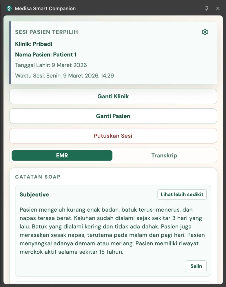 Ekstensi Medisa Smart Companion menampilkan sesi pasien terpilih, tab EMR dan Transkrip, serta catatan SOAP dengan tombol Salin