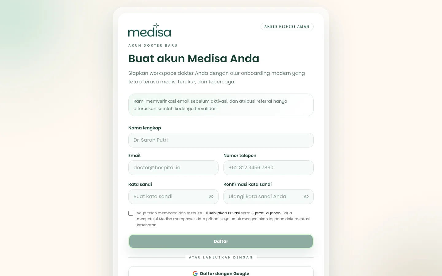Formulir pendaftaran Medisa dengan kolom nama lengkap, email, nomor telepon, kata sandi, dan konfirmasi kata sandi