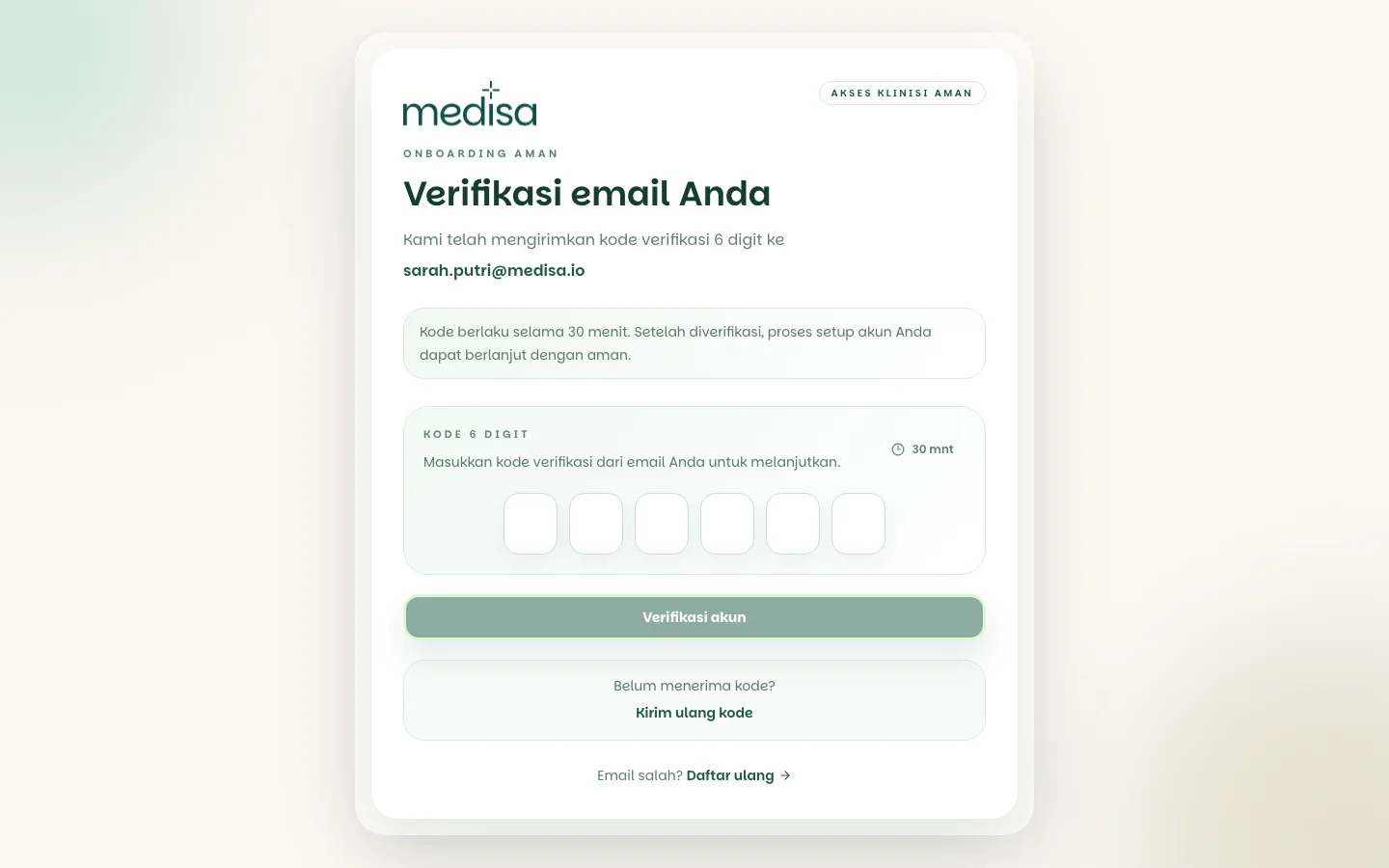 Layar verifikasi email dengan enam kotak isian kode, penghitung waktu 30 menit, dan tautan kirim ulang kode