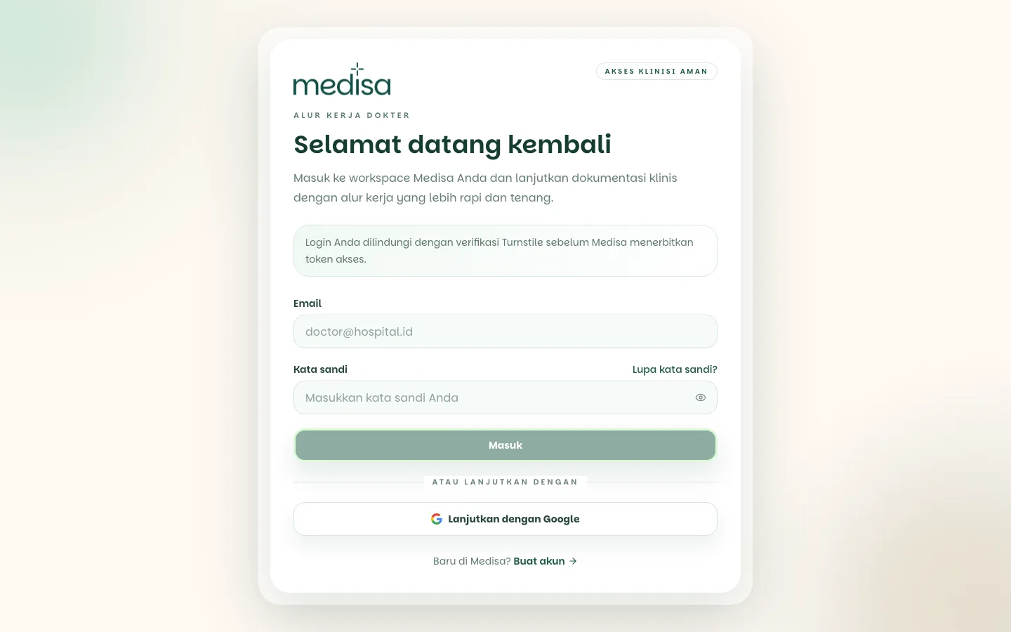 Halaman masuk Medisa dengan kolom email dan kata sandi, tautan lupa kata sandi, serta tombol lanjutkan dengan Google