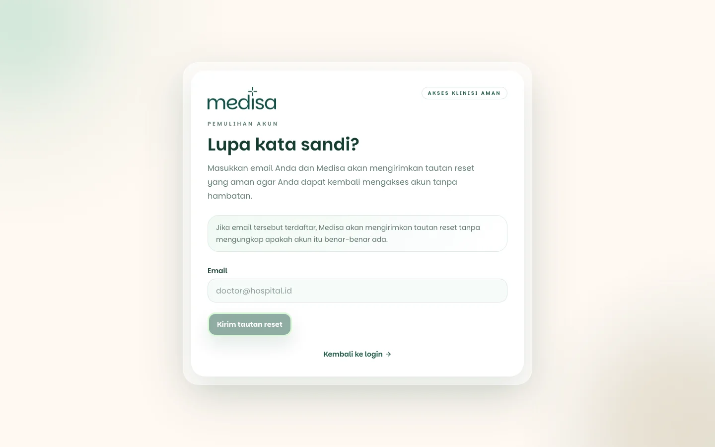 Halaman lupa kata sandi dengan kolom email dan tombol kirim tautan reset