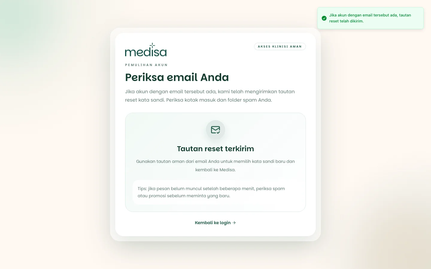 Layar konfirmasi bertuliskan tautan reset terkirim dengan anjuran memeriksa kotak masuk dan folder spam