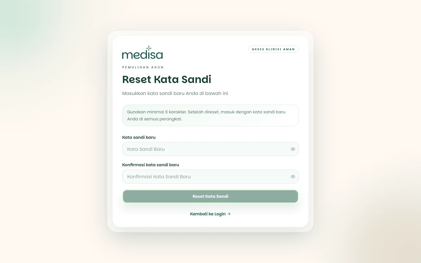 Formulir reset kata sandi dengan kolom kata sandi baru dan konfirmasi kata sandi baru