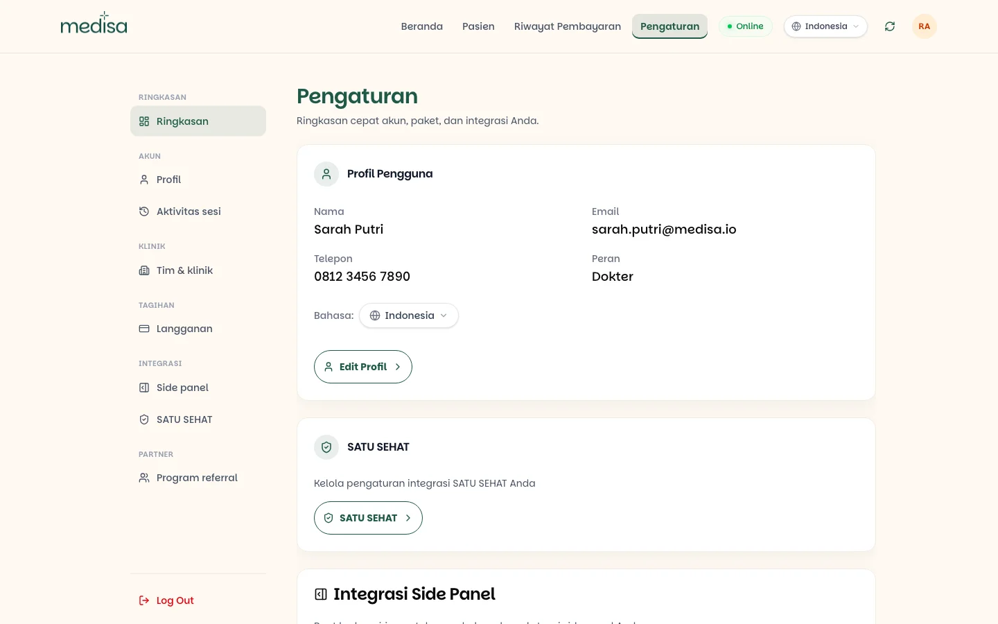 Halaman pengaturan menampilkan ringkasan profil pengguna, integrasi SATU SEHAT, dan side panel