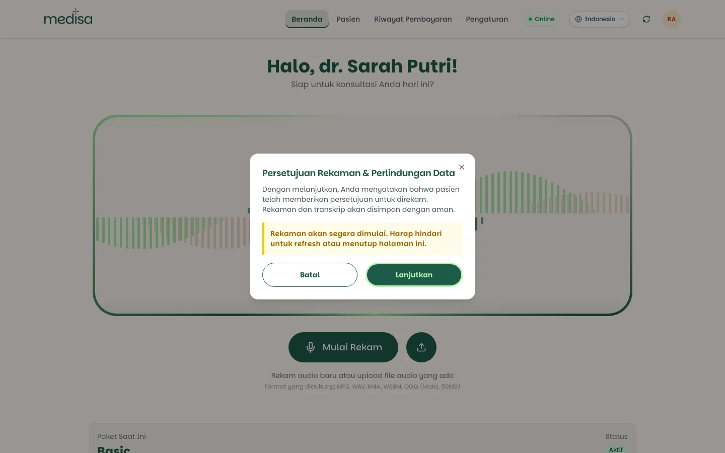 Dialog persetujuan rekaman dan perlindungan data dengan tombol Batal dan Lanjutkan