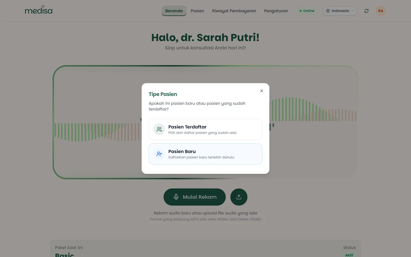 Dialog tipe pasien dengan pilihan pasien terdaftar dan pasien baru