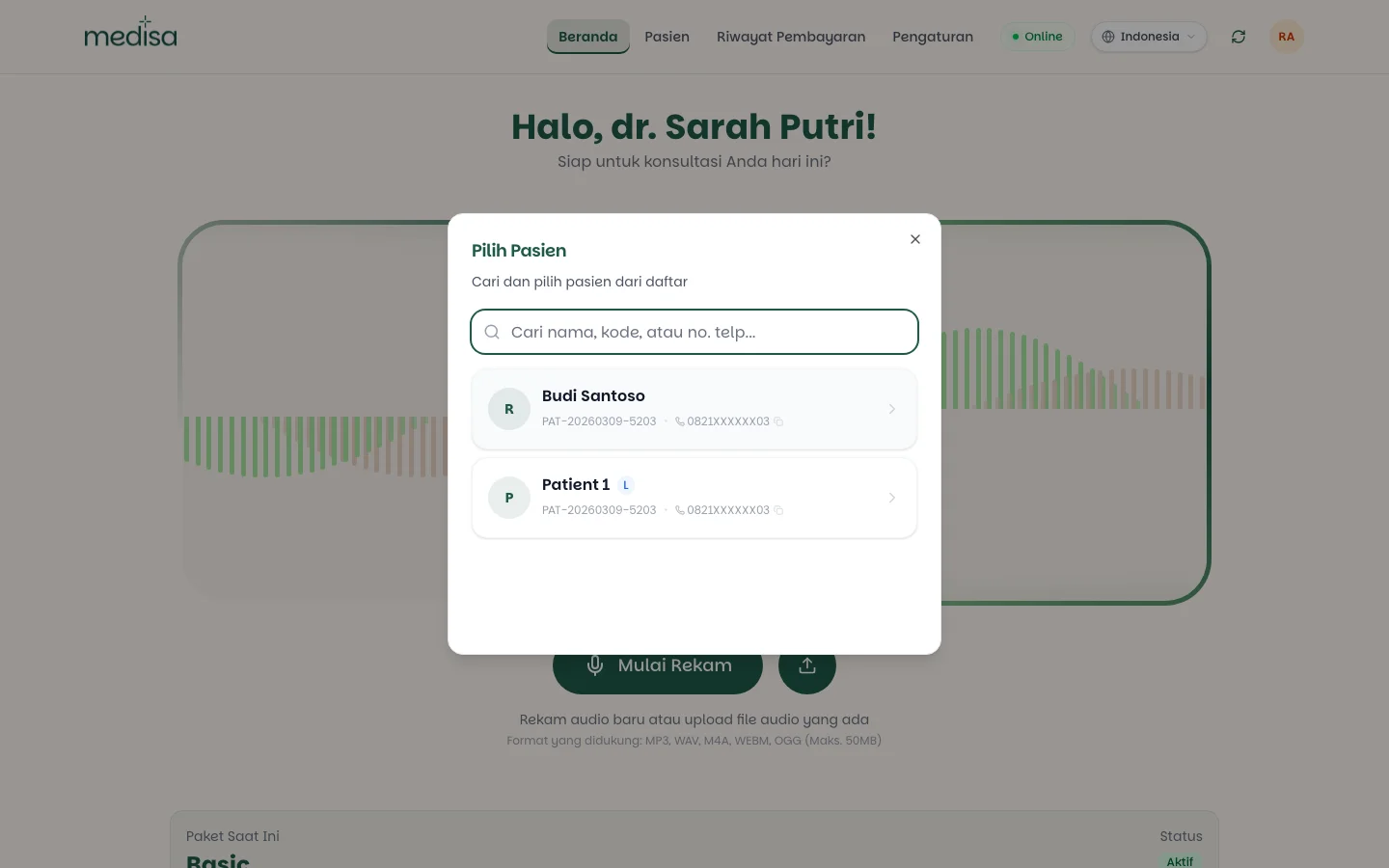 Dialog pilih pasien menampilkan daftar pasien beserta nomor rekam medis dan nomor telepon