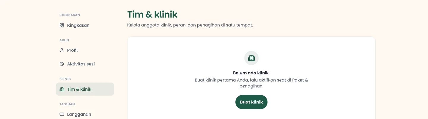 Halaman Tim & klinik dengan keterangan belum ada klinik dan tombol Buat klinik