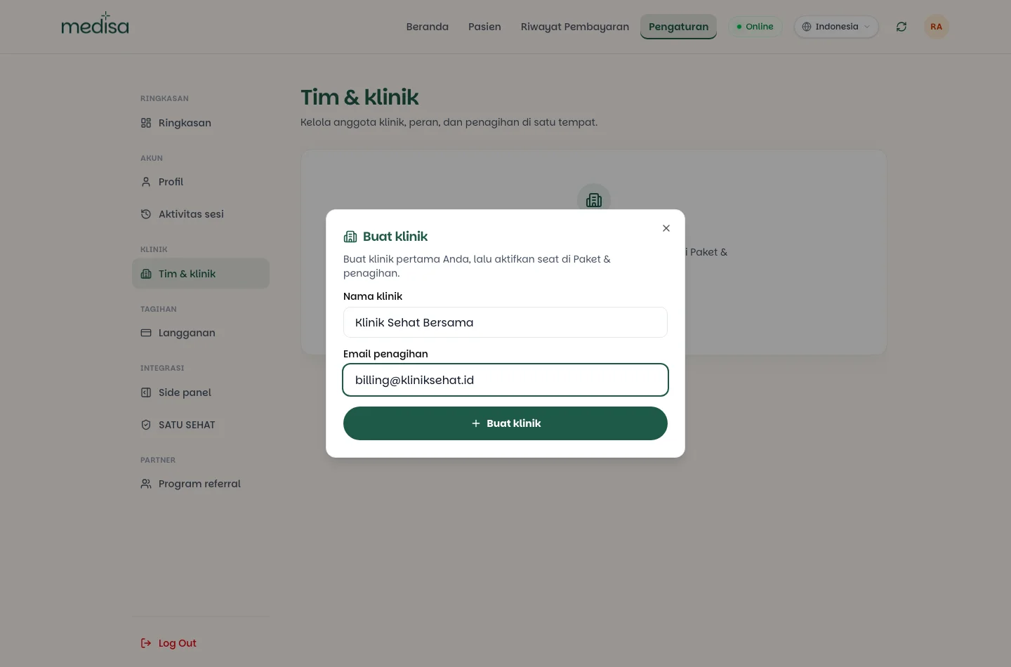 Dialog Buat klinik dengan kolom Nama klinik dan Email penagihan yang sudah terisi, serta tombol Buat klinik