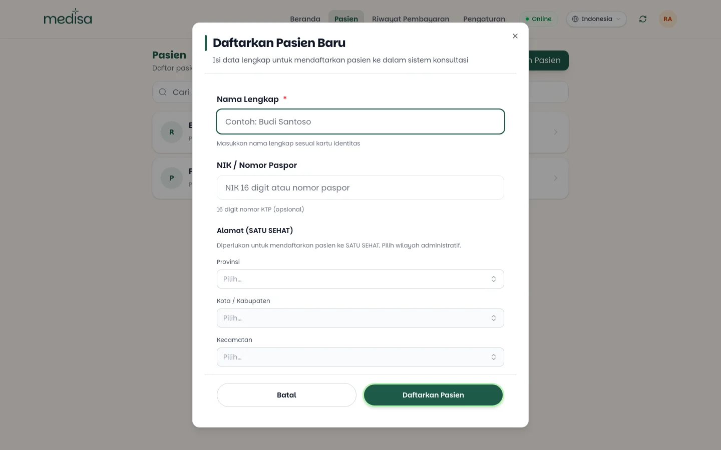 Formulir daftarkan pasien baru dengan kolom nama lengkap, NIK atau nomor paspor, dan alamat SATU SEHAT berjenjang
