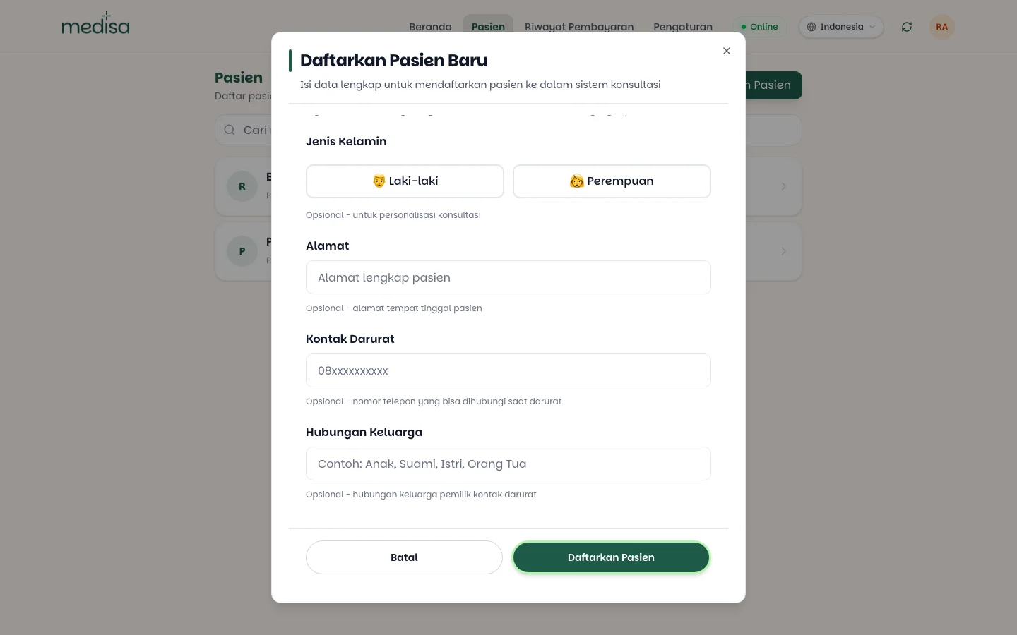 Bagian bawah formulir pasien dengan kolom telepon, tanggal lahir, jenis kelamin, alamat, kontak darurat, dan hubungan keluarga
