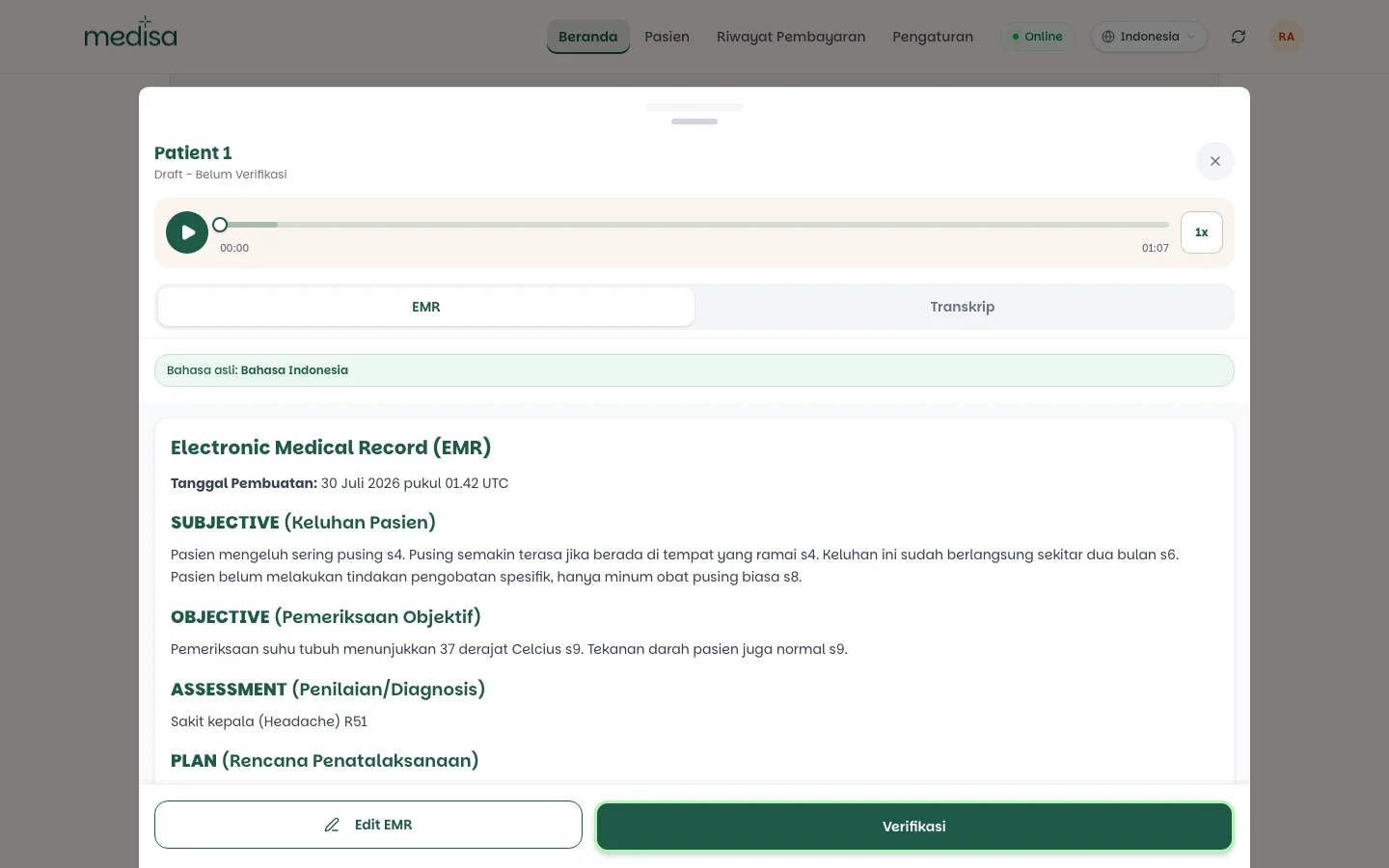 Detail rekam medis dengan status Draft Belum Verifikasi, pemutar audio, tab EMR dan Transkrip, serta tombol Edit EMR dan Verifikasi