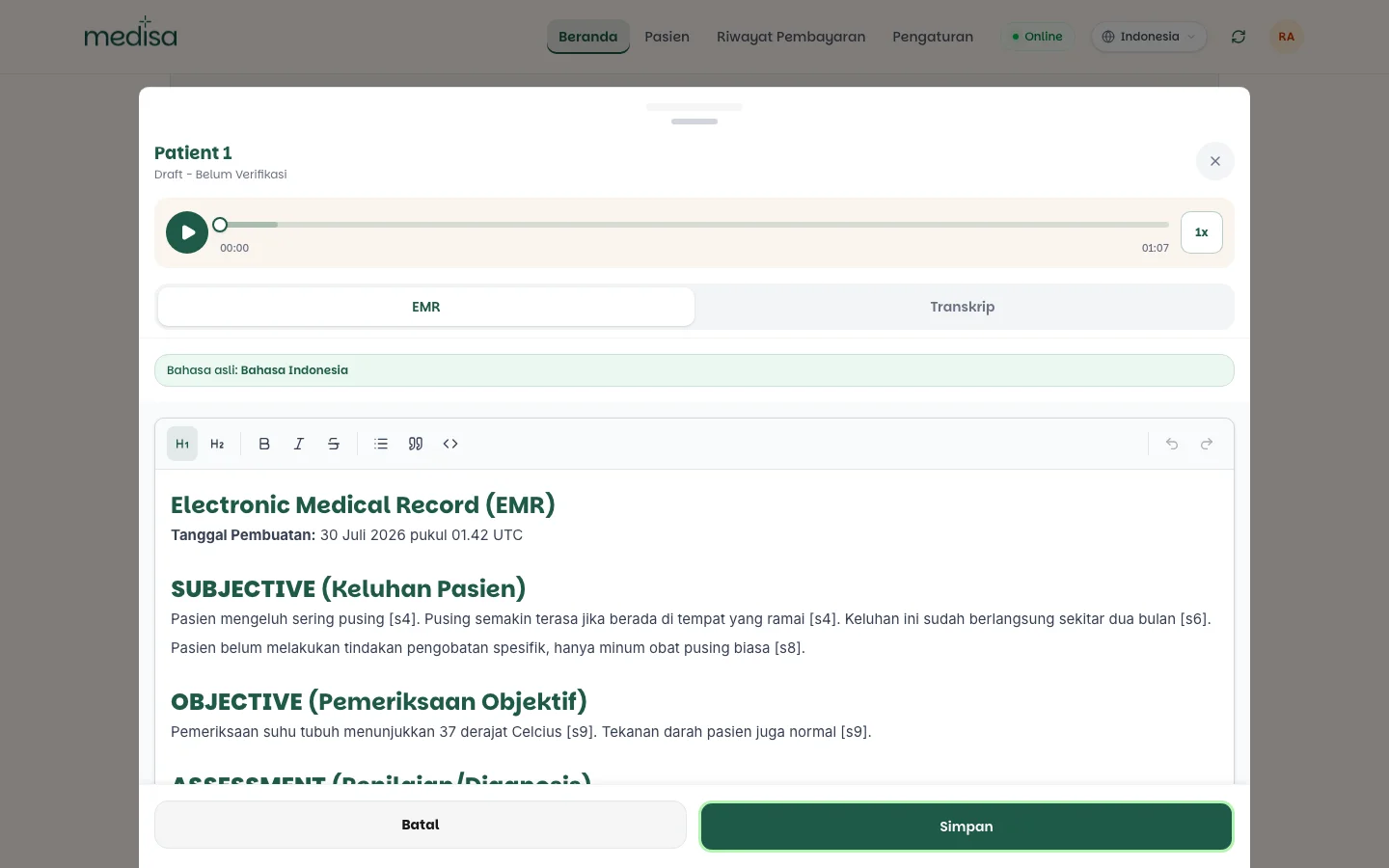 Editor EMR dengan bilah alat berisi tombol heading, tebal, miring, coret, daftar, kutipan, dan kode, serta tombol Batal dan Simpan