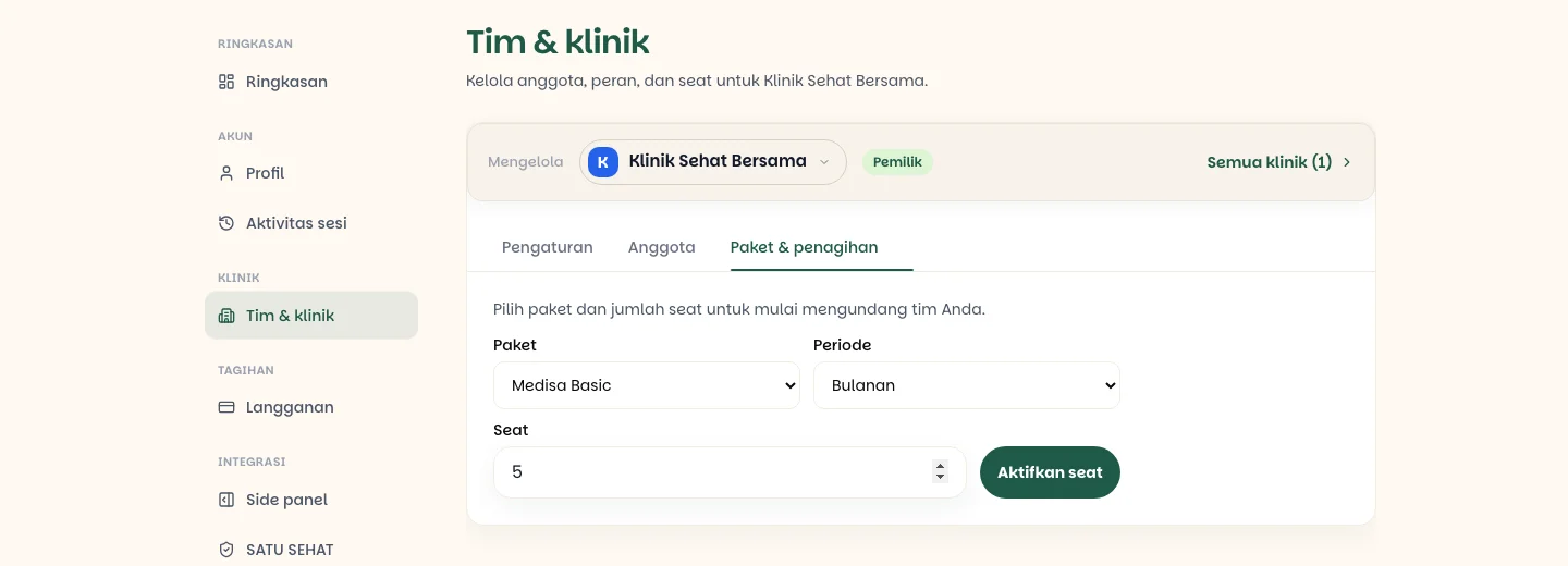 Tab Paket & penagihan dengan pilihan paket Medisa Basic, periode Bulanan, jumlah seat 5, dan tombol Aktifkan seat