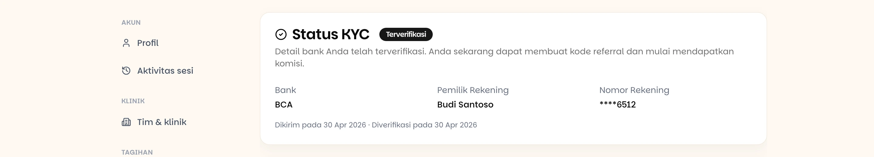 Kartu Status KYC dengan label Terverifikasi, nama bank, pemilik rekening, nomor rekening tersamar, serta tanggal pengiriman dan verifikasi