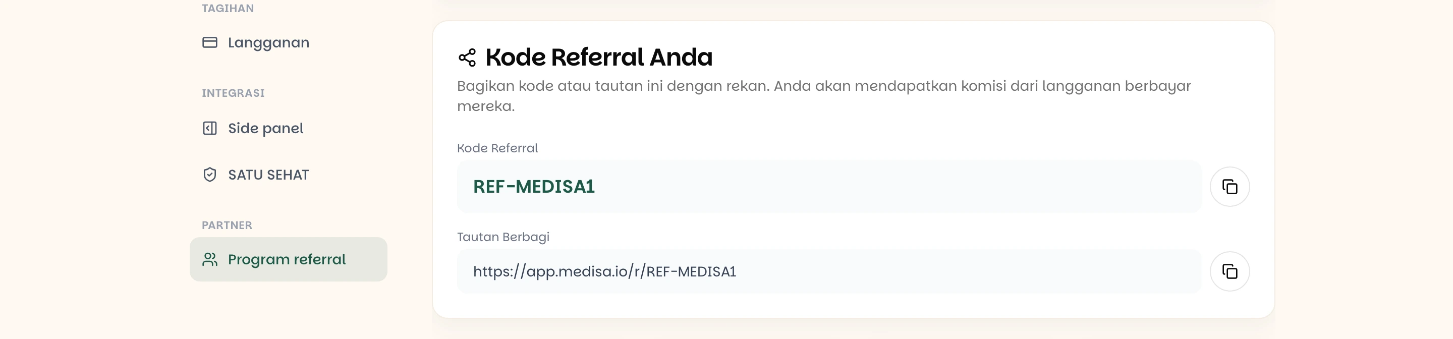 Kartu Kode Referral Anda menampilkan kode berformat REF- dan tautan berbagi, masing-masing dengan tombol salin