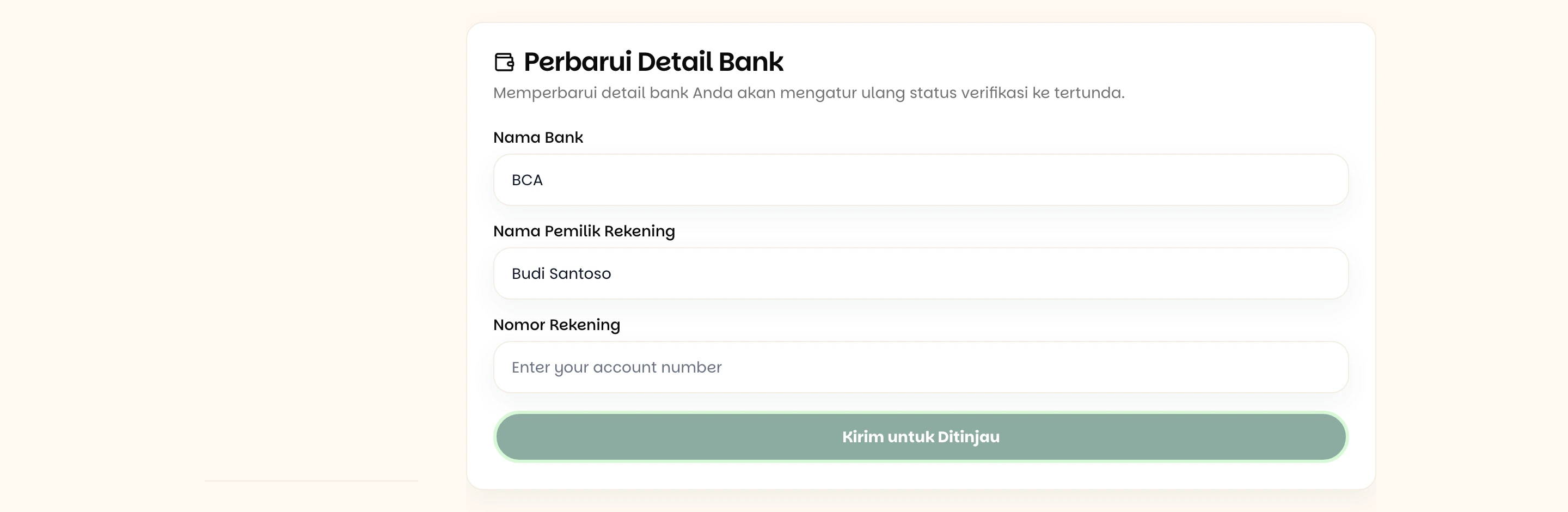 Formulir detail bank dengan kolom Nama Bank, Nama Pemilik Rekening, Nomor Rekening, dan tombol Kirim untuk Ditinjau