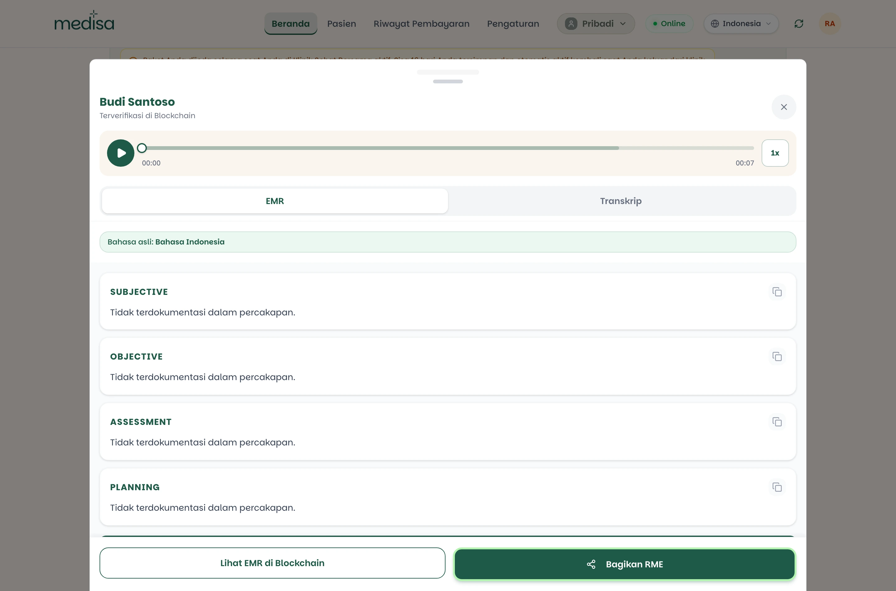 Detail rekam medis dengan keterangan Terverifikasi di Blockchain, catatan SOAP, serta tombol Lihat EMR di Blockchain dan Bagikan RME