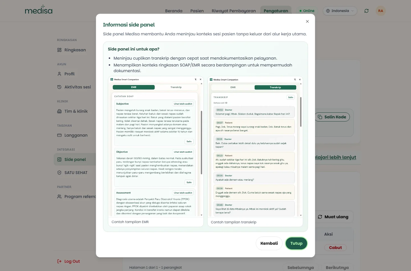 Dua contoh tampilan side panel Medisa Smart Companion: tab EMR berisi catatan SOAP per bagian dengan tombol Salin, dan tab Transkrip berisi percakapan dokter dan pasien dengan stempel waktu