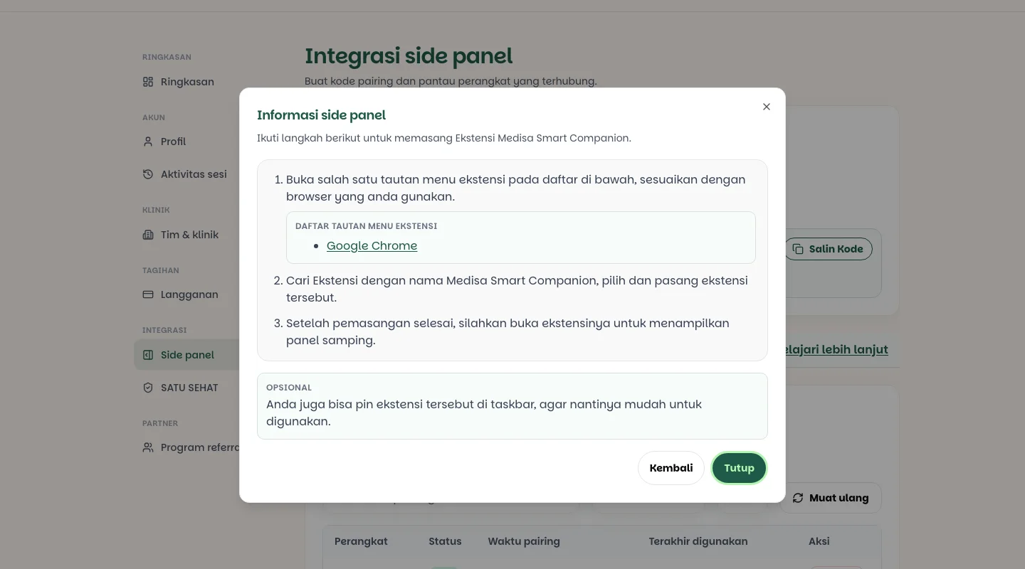 Dialog Informasi side panel berisi tiga langkah pemasangan ekstensi beserta tautan ke menu ekstensi Google Chrome