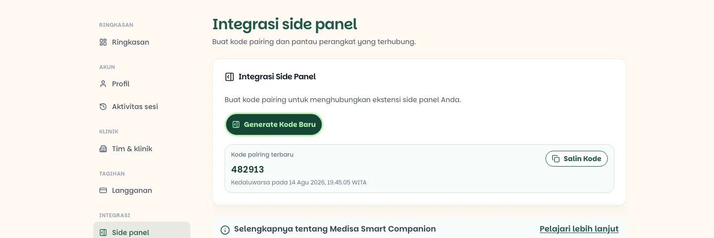 Halaman Integrasi side panel menampilkan tombol Generate Kode Baru, kode pairing terbaru, waktu kedaluwarsa, dan tombol Salin Kode