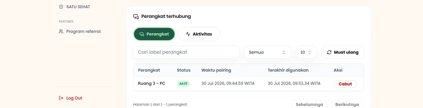 Tabel perangkat terhubung dengan kolom perangkat, status, waktu pairing, terakhir digunakan, dan tombol Cabut