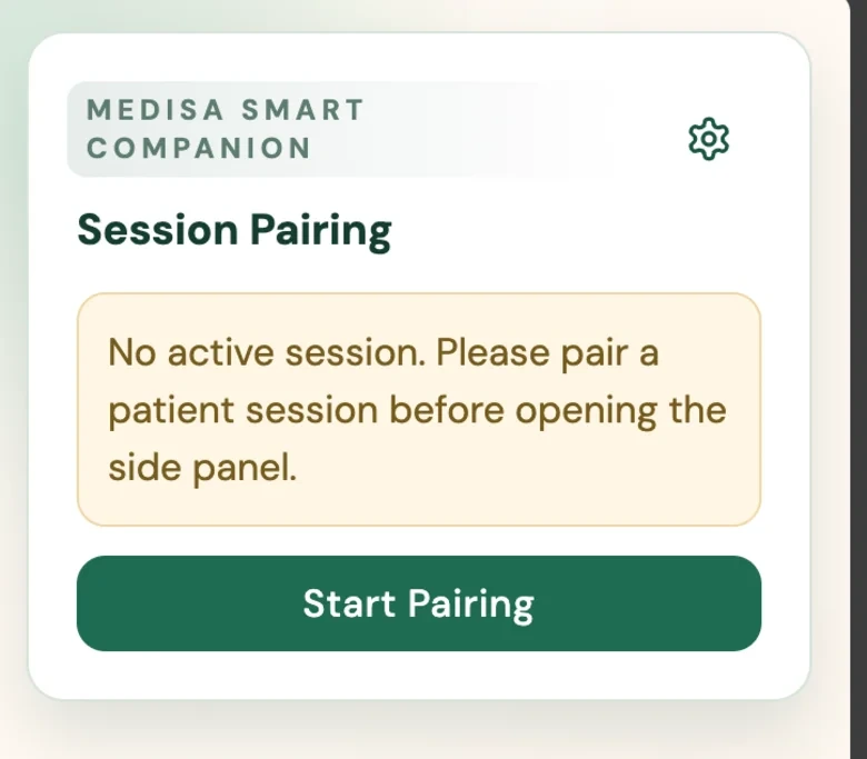 Side panel Medisa Smart Companion dengan pesan bahwa belum ada sesi aktif dan tombol Mulai Pairing