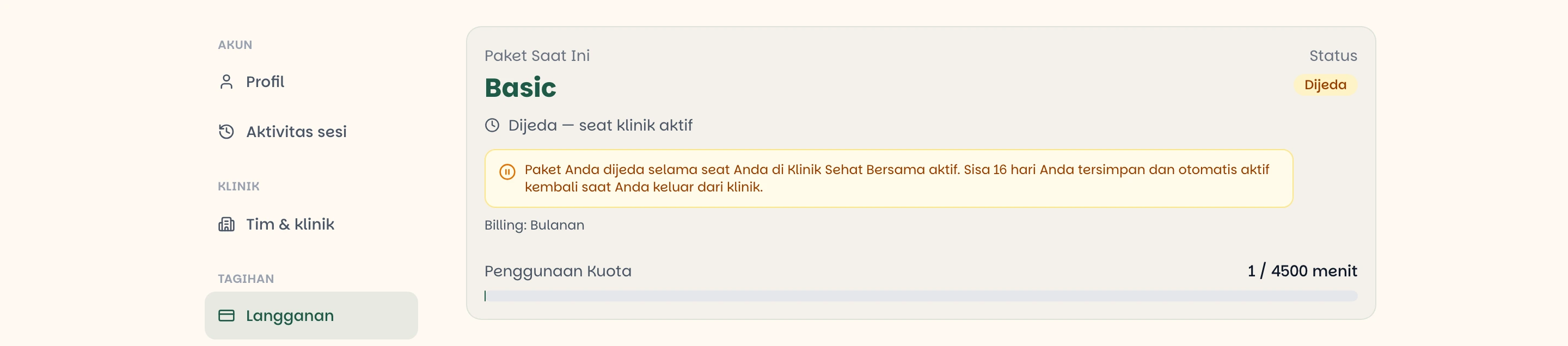 Kartu Paket Saat Ini menampilkan paket Basic dengan status Aktif, tanggal berakhir, siklus billing bulanan, dan penggunaan kuota dalam menit