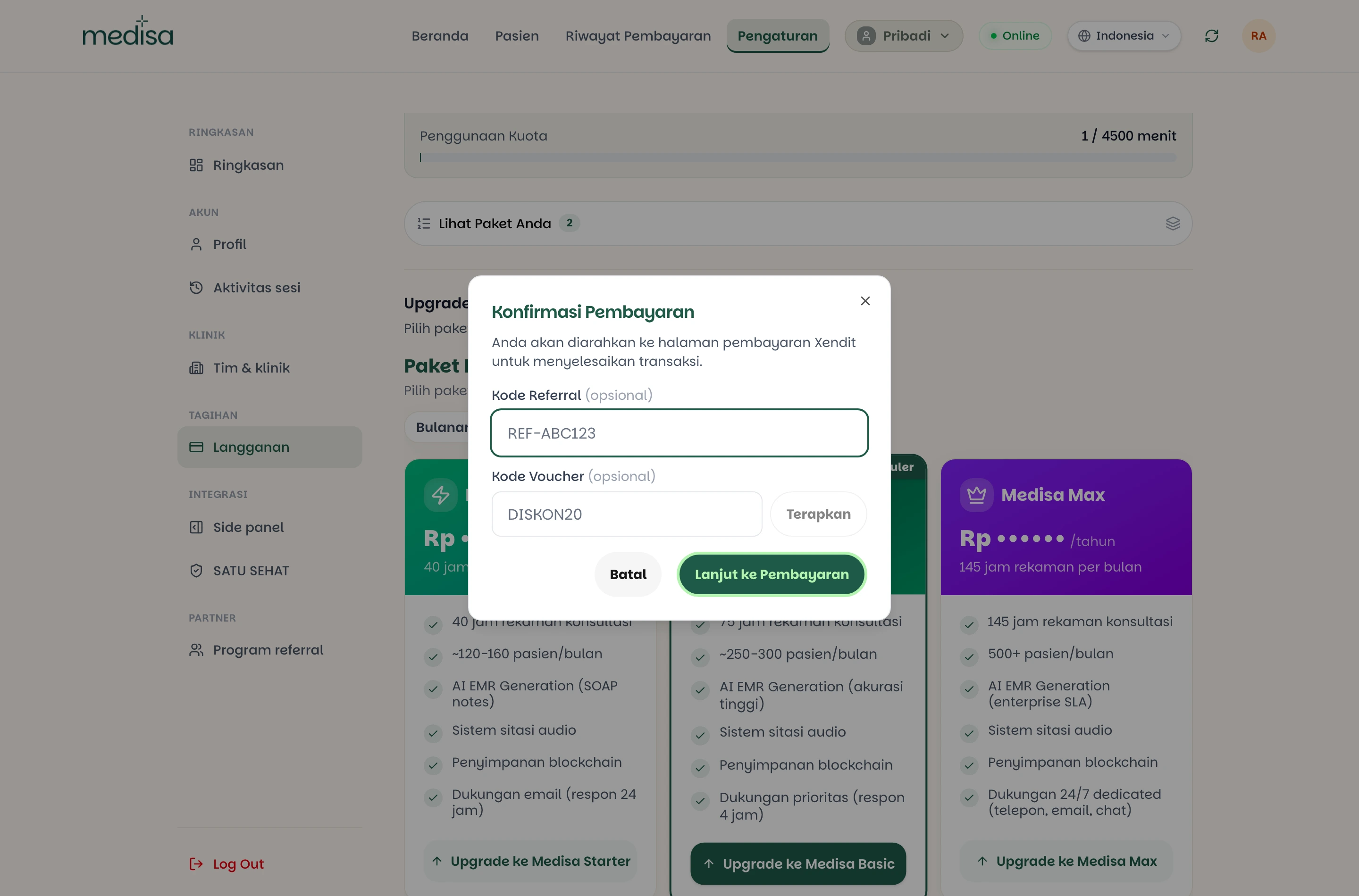 Dialog Konfirmasi Pembayaran dengan kolom Kode Referral dan Kode Voucher yang keduanya opsional, serta tombol Batal dan Lanjut ke Pembayaran