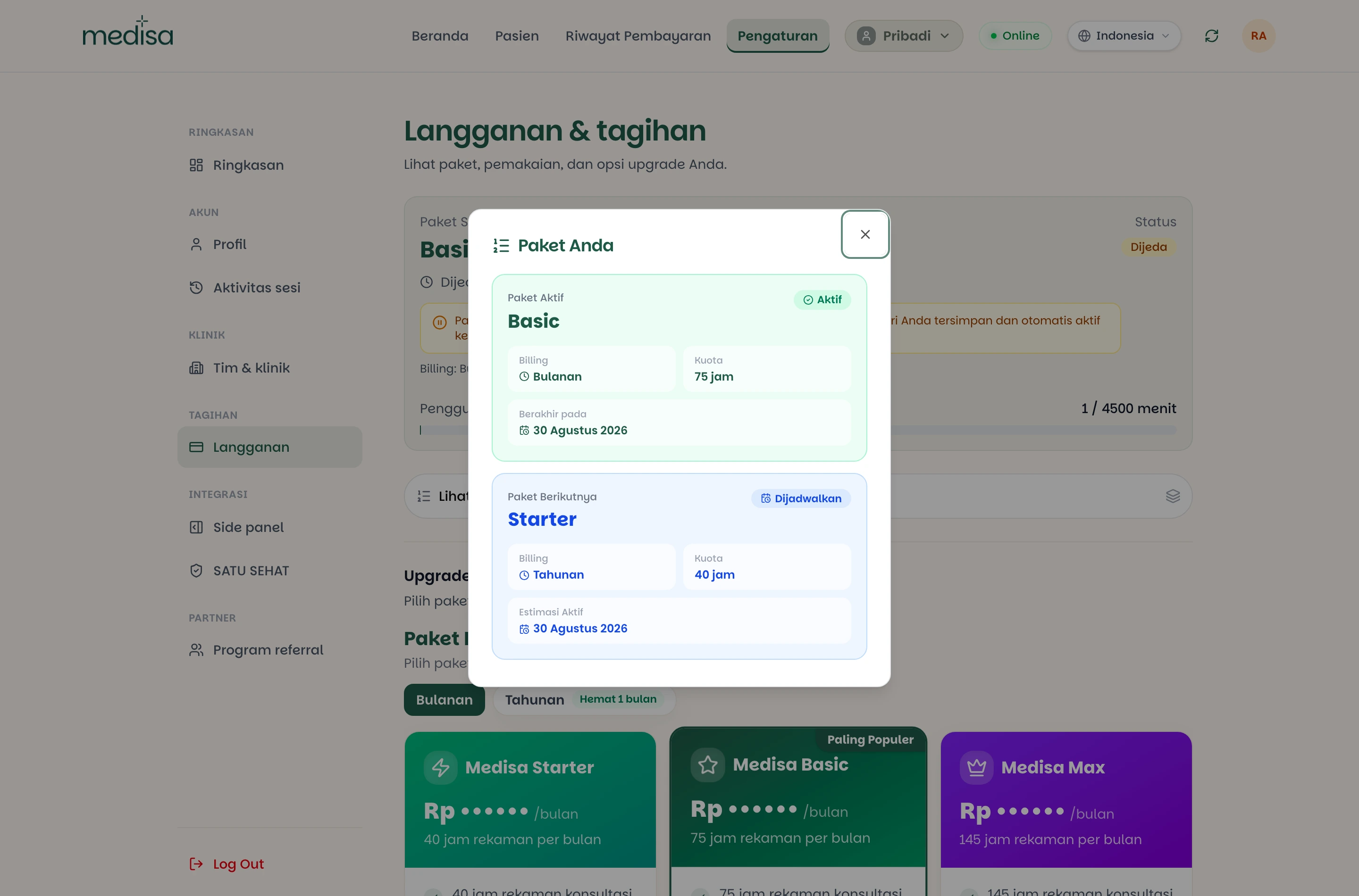 Dialog Paket Anda menampilkan paket aktif Basic dengan billing bulanan, kuota 75 jam, tanggal berakhir, dan keterangan tidak ada paket antrean